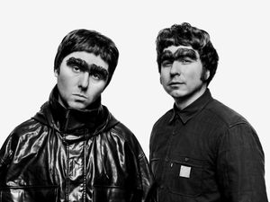 James Buckley and Joe Thomas dressed as the Gallagher brothers