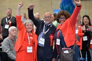 Wolverhampton local election count 2023, Councillor Sue Roberts and Rohil Mystry celebrate Bilston North