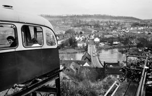 Bridgnorth Cliff Railway on December 28, 1982. Caption reads: 'With most shops closed on Bank Holiday Tuesday in Bridgnorth, there were very few places to go. One facility however was in full swing between High and Low Towns  the cliff railway, which gives an excellent view during its short trip.' 
