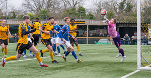 Rushall Olympic vs Whitby Town March 7th 2026. Whitby keeper Shane Bland makes a fingertip save to keep the ball out. (Picture: Jim Wall)