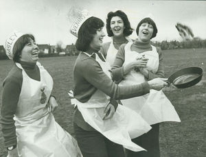 Rain drove the pancake tossers inside at Hagley for the Shrove Tuesday event, which by 1977 was a permanent feature of the Women's Institute calendar. Six WI branches competed in the race in the community centre, and it was the third success in a row for Hagley Evening WI seen here performing a victory throw outside, in jubilee year gear of red, white and blue. The team members are, from left, Glenys Fones, Janet Adams, Pauline Harris and Margaret Pritchard
