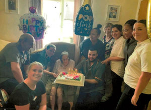 HC-One’s The Orchards Care Home resident Evelyn Joan Whitla celebrating her 106th Birthday last year with her daughter Elizabeth and some colleagues from the home