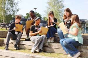 Telford College students Harry Chandler, Jesse Abdul Karim, Amber Norton, Sophie Flavell and Meredith Davis celebrated their A-level results