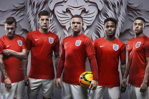 Left to right: England's new away kit modelled by Jack Wilshere, Ross Barkley, Wayne Rooney, Raheem Sterling and Alex Oxlade-Chamberlain