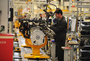 Staff at the Jaguar Land Rover i54 engine plant pictured in 2018
