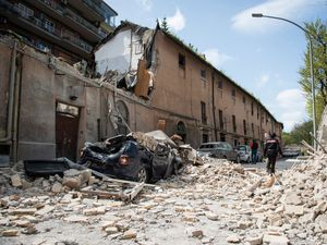 Ruined building and debris