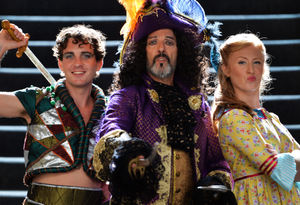 Eastenders and Corrie star Ian Reddington as Capt Hook and Corey Jones as Peter and Charlotte Fishwick as Wendy are ready for Peter Pan at Stafford Gatehouse Theatre