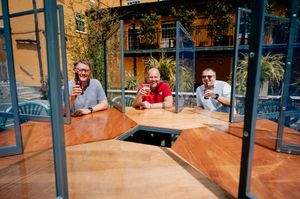 The tables will allow groups to sit together safely. In Picture L>R: Simon, Comba, Mark Coats (Group Structures) and Adrian Darall