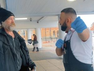 Alan invites the homeless man into his shop