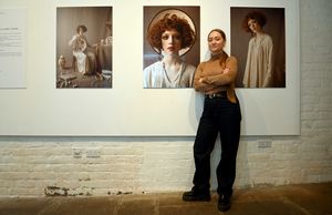 Photograph of Ukrainian photographer Lora Arkhypenko at Shrewsbury Museum and Art Gallery. 