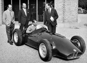 Gerry loved motor sport. This is the unveiling of a BRM racing car in 1955 with Peter Collins at the wheel.