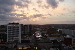The wheel of Birmingham taken from the tower crane cab at dusk