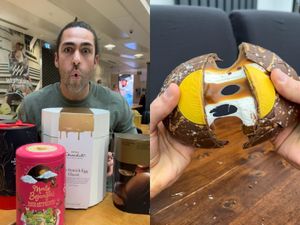 Composite image of a man with several Easter egg boxes and a photo of the inside of a chocolate egg