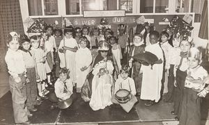 'Six-year-old queen for the day Mandy Lacey and her entourage at a jubilee party held at Neachell's Primary School, July 1977.'