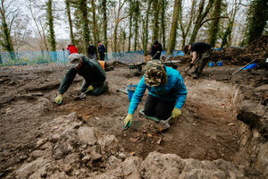 Archaeological dig on the remains of a large wall on the outside of Chirk Castle 