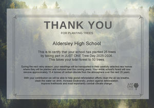 Just One Tree certificate for Aldersley High School