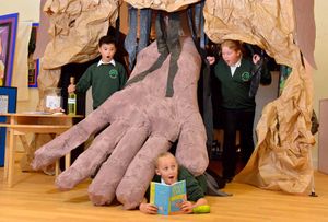 Pupils at Lightmoor Village Primary School in Telford, pictured in 2017 for the school's Roald Dahl exhibition. Here is The BFG (Big Friendly Giant) display with (L-R): Jeremy Ho 10, Ellie Osborne 10, and Kiera Rogers 10.