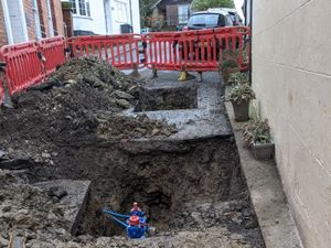 Supporting image for story: Narrow Shropshire road dug up without notice to fix leaking Severn Trent pipe