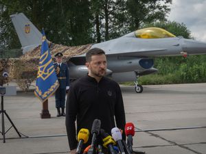 Supporting image for story: Ukraine displays newly arrived F-16 fighter jets to combat Russia in the air