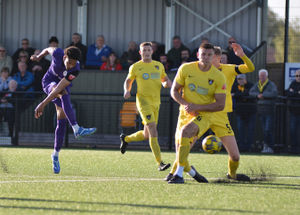TELFORD COPYRIGHT Mike Sheridan - Riccardo Dinanga of AFC Telford United shoots during the Southern League Premier Central fixture between AFC Telford United and Harborough Town at Bowden Park on Saturday, October 19, 2024.