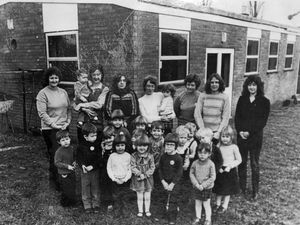 Exhibition at Trinity Methodist Church, Poplar Street, Norton Canes, to celebrate 50 years of the church. Mother and Toddler group pictured 1982.