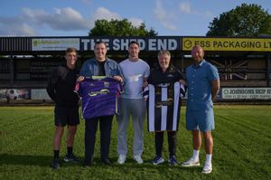 Stafford Rangers have unveiled their new 150th anniversary kits. Harlequin Teamwear owners Liam Barnett (second left) and Jason Roberts (second right) with Andy Burns, Jimmy O'Neill and Graham Deakin. Via: Stafford Rangers/Jamie Maaskant. 