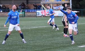 Jason Cowley celebrates scoring for Halesowen. (Image by Steve Evans)
