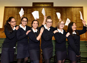 Celebrating at Wolverhampton Girls School are Mylan Rai, Preya Jandu, Ridha Ahmed, Victoria Forbes-Ritte, Amrit Sandhu, and Marie Pitt