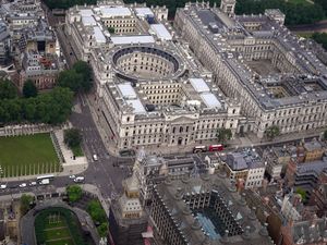 An aerial view of Parliament Square and government buildings including the Treasury in Whitehall