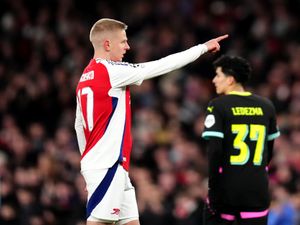 Arsenal’s Oleksandr Zinchenko celebrates his goal against PSV Eindhoven