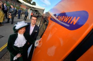 Jonny Wiseman, customer experience director at West Midlands Trains, with High Sheriff of Shropshire Selina Graham and the new train