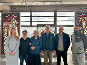 Descendants of Swaine Bourne, whose firm created the stained glass windows.