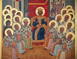 An icon, from the Shrewsbury Orthodox Church depicting the First Council of Nicaea.