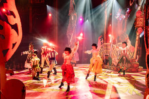 On-stage, Ian Adams leads the ensemble in one of the many song-and-dance routines. Photo: Danny Kaan