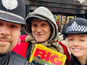 Supporting image for story: Big Issue seller Harvey and his faithful canine companion given a warm welcome back to Shrewsbury