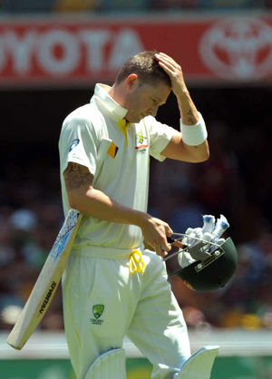 Australia's Michael Clarke reacts after losing his wicket to the bowling of Stuart Broad (not pictured)