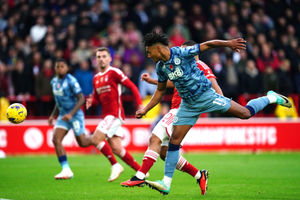 Aston Villa's Ollie Watkins heads wide of the goal
