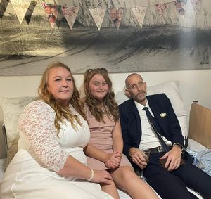 Phil and Kay on their wedding day with daughter Lia