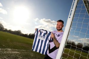 Adam Armstrong posing on his first day as a Baggie.  (Photo by Adam Fradgley/West Bromwich Albion FC via Getty Images)