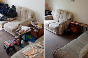 The living room before and after the tidy up