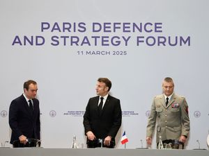 French President Emmanuel Macron, second left, French Defence Minister Sebastien Lecornu, left, Chief of Staff of the French Armed Forces Thierry Burkhard and the UK’s Chief of the Defence Staff Admiral Tony Radakin, right, at the Paris Defence and Strategy Forum