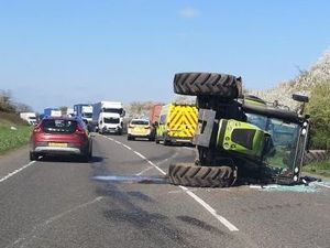 Supporting image for story: Long delays as tractor topples over on A41