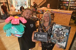 Owner Damian Chapman and Mayor of Walsall Councillor Louise Harrison at the launch of The Card Loft in the Victorian Arcade, Walsall