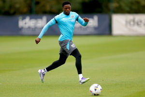 Josh Maja on the ball in training. The West Brom striker has been working his way back to fitness in recent weeks (Photo by Adam Fradgley/West Bromwich Albion FC via Getty Images)