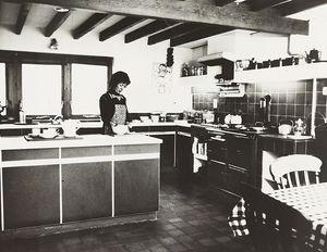Pat and Vicky Moule asked an architect friend to design them a house to stand beside their pig unit in Hartlebury. The photograph shows Vicky in the new kitchen in January, 1978.