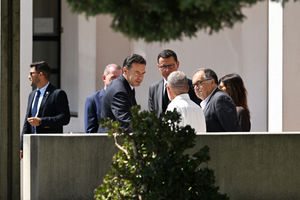 Prime minister of Portugal Luis Montenegro (third left) ahead of the wake of Diogo Jota being held at Sao Cosme Chapel in the town of Gondomar near Porto