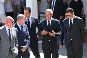 President of Portugal Marcelo Rebelo de Sousa (centre) at the wake of Diogo Jota being held at Sao Cosme Chapel in the town of Gondomar near Porto