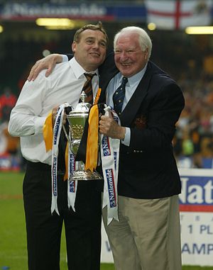 Dave Jones and Sir Jack Hayward with the First Division play-off trophy