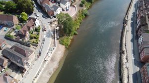 An aerial view of the new flood defences at Beales Corner in Bewdley