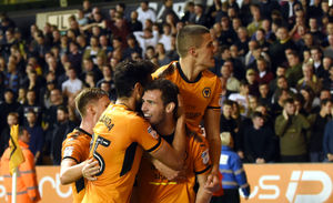 Conor Coady celebrates during Wolves' 2-0 win over Aston Villa at Molineux (AMA/Sam Bagnall)